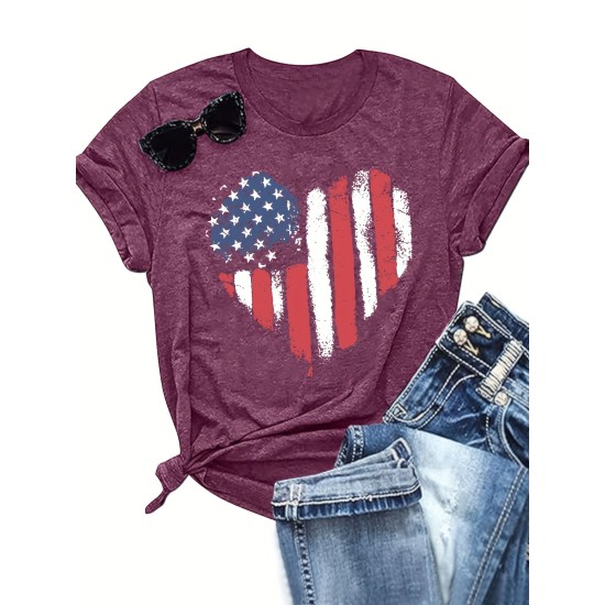 American Flag Print Crew Neck T-shirt, Short Sleeve Casual Top For Spring & Summer, Women’s Clothing – PRYCUS MITCHELL INC American Flag Print Crew Neck T-shirt, Short Sleeve Casual Top For Spring & Summer, Women’s Clothing – PRYCUS MITCHELL INC