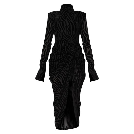 Black Zebra Print Devore High Neck Draped Midi Dress Black Zebra Print Devore High Neck Draped Midi Dress