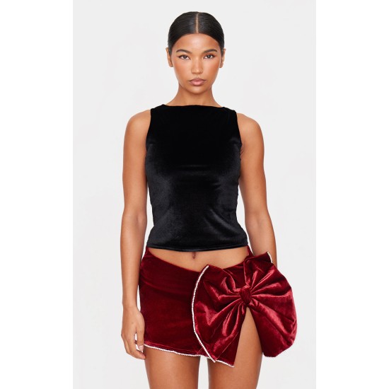 Burgundy Velvet Oversized Bow Diamante Trim Mini Skirt Burgundy Velvet Oversized Bow Diamante Trim Mini Skirt