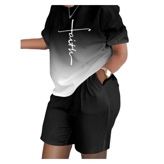 Ombre Faith Print Slant Pocket Matching Two-piece Set, Casual Short Sleeve T-shirt & Shorts Outfits, Women’s Clothing – PRYCUS MITCHELL INC Ombre Faith Print Slant Pocket Matching Two-piece Set, Casual Short Sleeve T-shirt & Shorts Outfits, Women’s Clothing – PRYCUS MITCHELL INC
