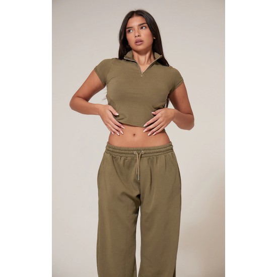 Olive Washed Zip Up Rib Panel Top Olive Washed Zip Up Rib Panel Top
