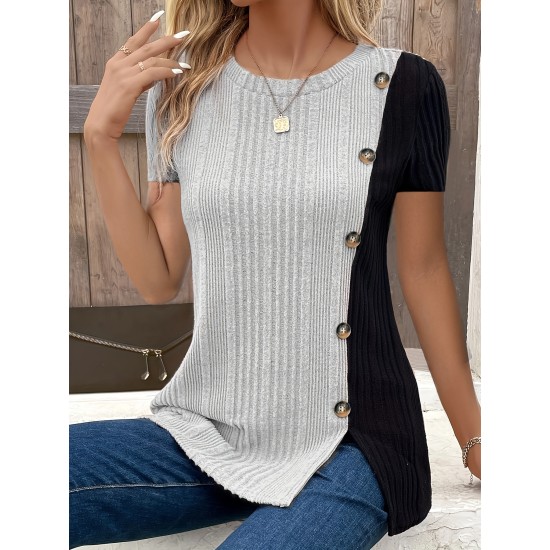 Button Decor Color Block T-Shirt, Casual Crew Neck Short Sleeve Top For Spring & Summer, Women’s Clothing – PRYCUS MITCHELL INC Button Decor Color Block T-Shirt, Casual Crew Neck Short Sleeve Top For Spring & Summer, Women’s Clothing – PRYCUS MITCHELL INC