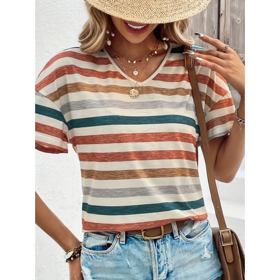Women’s Chic Vintage Striped V-Neck Tee – Stretchy, Durable & Perfect for Everyday Springu002FSummer Comfort – PRYCUS MITCHELL INC Women’s Chic Vintage Striped V-Neck Tee – Stretchy, Durable & Perfect for Everyday Springu002FSummer Comfort – PRYCUS MITCHELL INC