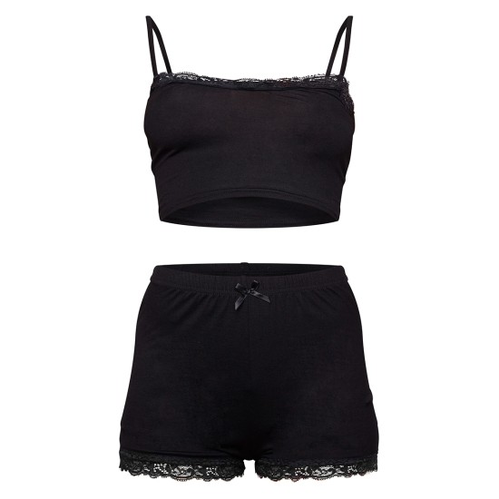 Black Jersey Lace Trim Short PJ Set Black Jersey Lace Trim Short PJ Set