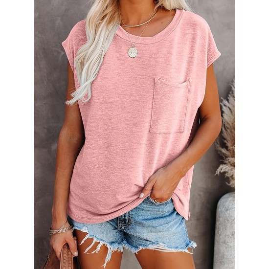 2 Pac Solid Chest Pocket Loose T-shirt, Batwing Sleeve Crew Neck Top, Women’s Clothing – PRYCUS MITCHELL INC 2 Pac Solid Chest Pocket Loose T-shirt, Batwing Sleeve Crew Neck Top, Women’s Clothing – PRYCUS MITCHELL INC