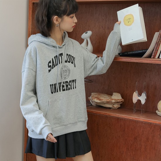 Hooded letters hoodie printing gray tops for women – PRYCUS MITCHELL INC Hooded letters hoodie printing gray tops for women – PRYCUS MITCHELL INC