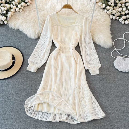 Beautiful lady temperament lace square collar hollow dress – PRYCUS MITCHELL INC Beautiful lady temperament lace square collar hollow dress – PRYCUS MITCHELL INC