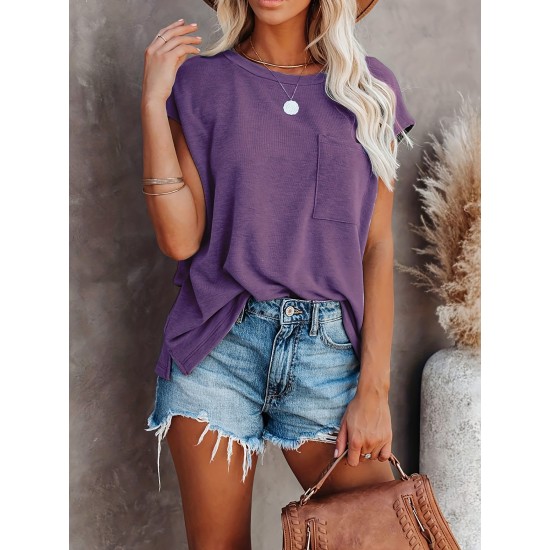 Crew Neck Solid T-Shirt, Casual Top For Summer & Spring, Women’s Clothing – PRYCUS MITCHELL INC Crew Neck Solid T-Shirt, Casual Top For Summer & Spring, Women’s Clothing – PRYCUS MITCHELL INC
