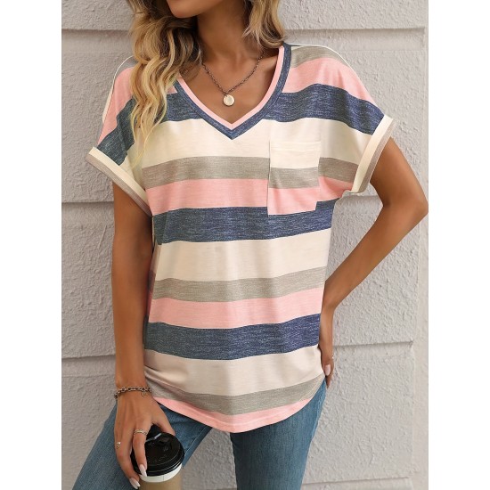 Striped Print V Neck Pocket T-Shirt, Casual Short Sleeve T-Shirt For Spring & Summer, Women’s Clothing – PRYCUS MITCHELL INC Striped Print V Neck Pocket T-Shirt, Casual Short Sleeve T-Shirt For Spring & Summer, Women’s Clothing – PRYCUS MITCHELL INC