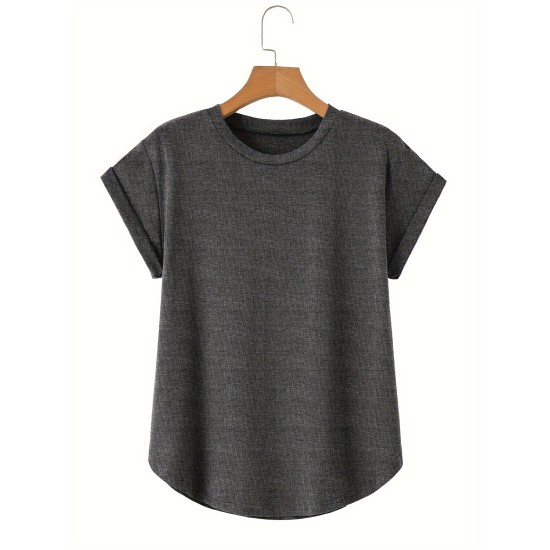 Solid Curved Hem Simple T-shirt, Versatile Short Sleeve Crew Neck Every Day Tops, Women’s Clothing – PRYCUS MITCHELL INC Solid Curved Hem Simple T-shirt, Versatile Short Sleeve Crew Neck Every Day Tops, Women’s Clothing – PRYCUS MITCHELL INC