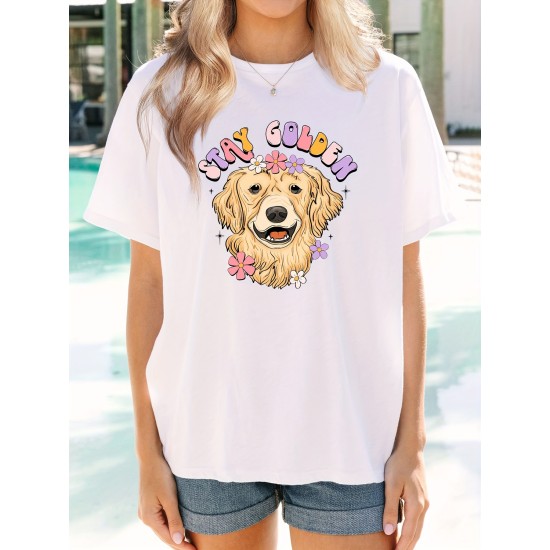 Golden Retriever Print Round Neck T-Shirt, Sports Trendy Short Sleeve T-Shirt, Women’s Clothing – PRYCUS MITCHELL INC Golden Retriever Print Round Neck T-Shirt, Sports Trendy Short Sleeve T-Shirt, Women’s Clothing – PRYCUS MITCHELL INC