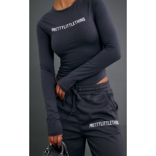 PRETTYLITTLETHING Charcoal Logo Print Long Sleeve Bodysuit PRETTYLITTLETHING Charcoal Logo Print Long Sleeve Bodysuit