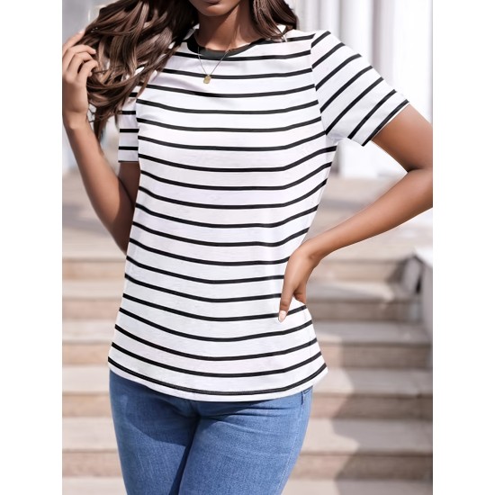 Striped Short Sleeves Causal Sports T-shirt, Round Neck Workout Running Tops, Women’s Activewear – PRYCUS MITCHELL INC Striped Short Sleeves Causal Sports T-shirt, Round Neck Workout Running Tops, Women’s Activewear – PRYCUS MITCHELL INC