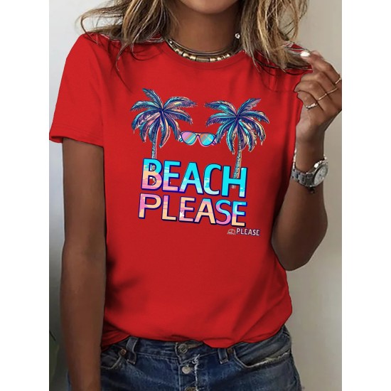 Beach Tree Print Crew Neck T-shirt, Casual Short Sleeve Top For Spring & Summer, Women’s Clothing – PRYCUS MITCHELL INC Beach Tree Print Crew Neck T-shirt, Casual Short Sleeve Top For Spring & Summer, Women’s Clothing – PRYCUS MITCHELL INC