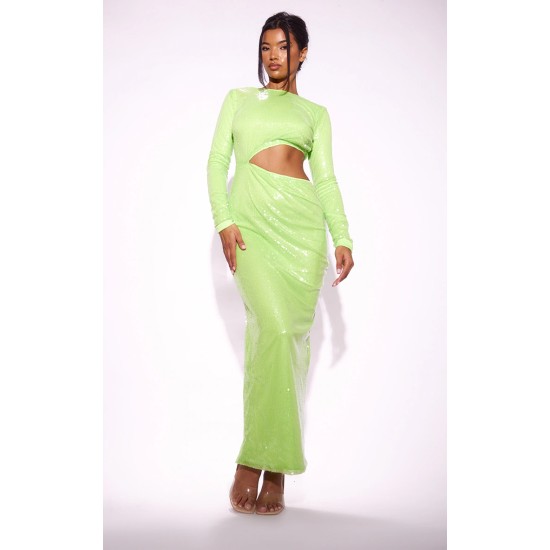 Lime Sequin Cut Out Long Sleeve Maxi Dress Lime Sequin Cut Out Long Sleeve Maxi Dress