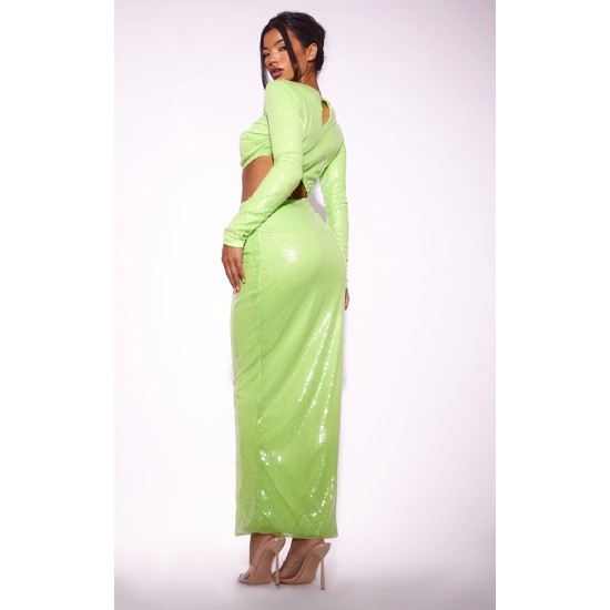 Lime Sequin Cut Out Long Sleeve Maxi Dress Lime Sequin Cut Out Long Sleeve Maxi Dress
