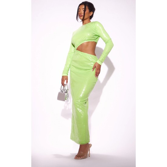 Lime Sequin Cut Out Long Sleeve Maxi Dress Lime Sequin Cut Out Long Sleeve Maxi Dress