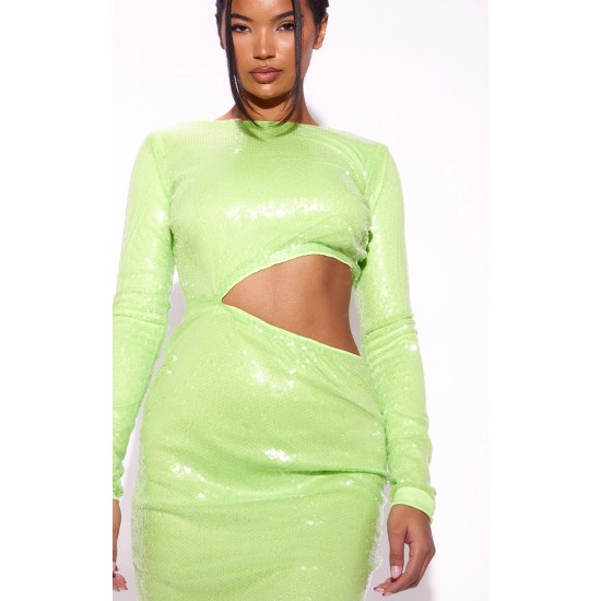Lime Sequin Cut Out Long Sleeve Maxi Dress Lime Sequin Cut Out Long Sleeve Maxi Dress