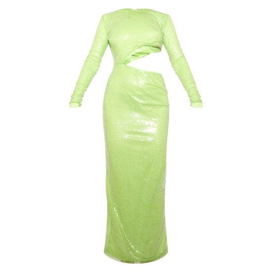 Lime Sequin Cut Out Long Sleeve Maxi Dress Lime Sequin Cut Out Long Sleeve Maxi Dress