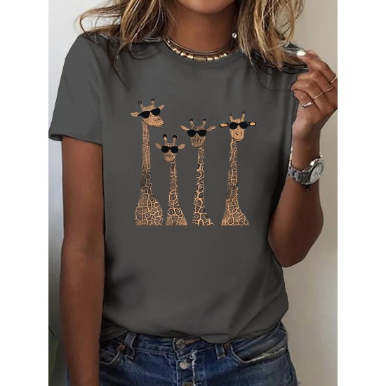Cute Giraffes Print Crew Neck T-shirt, Casual Short Sleeve Top For Spring & Summer, Women’s Clothing – PRYCUS MITCHELL INC Cute Giraffes Print Crew Neck T-shirt, Casual Short Sleeve Top For Spring & Summer, Women’s Clothing – PRYCUS MITCHELL INC