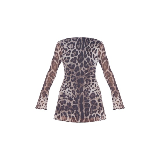 Leopard Mesh Long Sleeve Tie Back Shift Dress Leopard Mesh Long Sleeve Tie Back Shift Dress