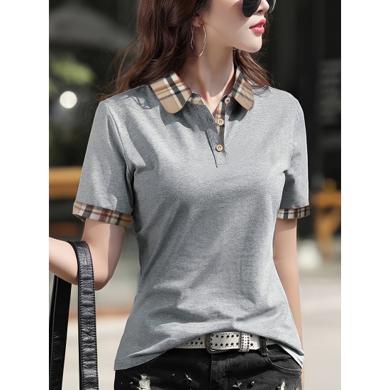 Button Front Contrast Trim Collared T-Shirt, Versatile Short Sleeve T-Shirt For Spring & Summer, Women’s Clothing – PRYCUS MITCHELL INC Button Front Contrast Trim Collared T-Shirt, Versatile Short Sleeve T-Shirt For Spring & Summer, Women’s Clothing – PRYCUS MITCHELL INC