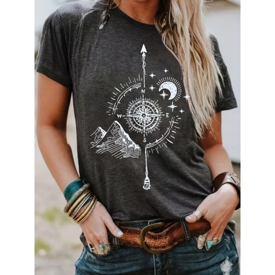 Compass Print T-shirt, Casual Crew Neck Short Sleeve Summer T-shirt, Women’s Clothing – PRYCUS MITCHELL INC Compass Print T-shirt, Casual Crew Neck Short Sleeve Summer T-shirt, Women’s Clothing – PRYCUS MITCHELL INC
