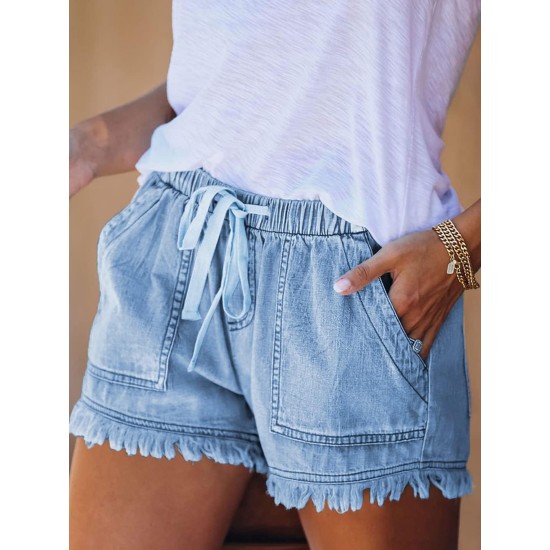 Women’s Plain Light Washed Blue Raw Hem Shorts Casual Trendy Short Pants Elastic Waist Drawstring Comfy Shorts – PRYCUS MITCHELL INC Women’s Plain Light Washed Blue Raw Hem Shorts Casual Trendy Short Pants Elastic Waist Drawstring Comfy Shorts – PRYCUS MITCHELL INC