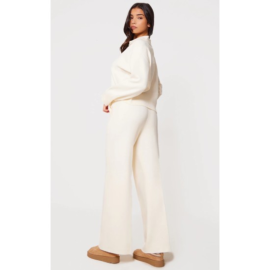 Cream Knitted Polo Neck Sweater And Wide Leg Pants Set Cream Knitted Polo Neck Sweater And Wide Leg Pants Set