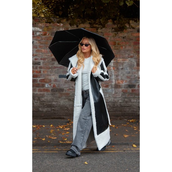 Black Faux Leather Oversized Lapel Borg Lined Belted Coat Black Faux Leather Oversized Lapel Borg Lined Belted Coat