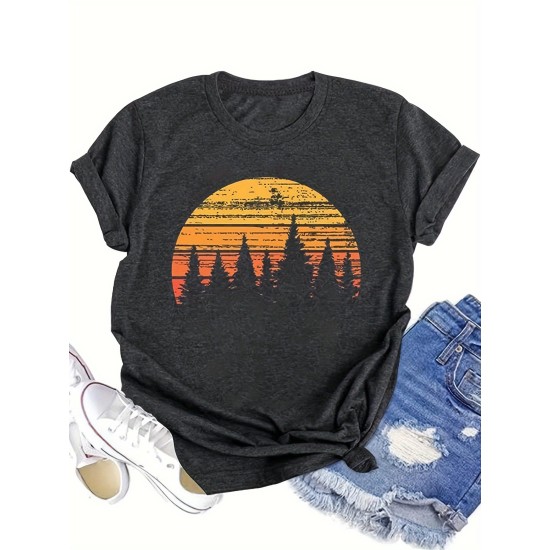 Forest & Sunset Print T-shirt, Casual Short Sleeve Crew Neck Top, Women’s Clothing – PRYCUS MITCHELL INC Forest & Sunset Print T-shirt, Casual Short Sleeve Crew Neck Top, Women’s Clothing – PRYCUS MITCHELL INC