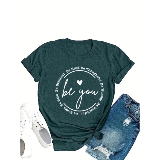 Be You Letter Print T-shirt, Casual Crew Neck Short Sleeve T-shirt, Women’s Clothing – PRYCUS MITCHELL INC Be You Letter Print T-shirt, Casual Crew Neck Short Sleeve T-shirt, Women’s Clothing – PRYCUS MITCHELL INC
