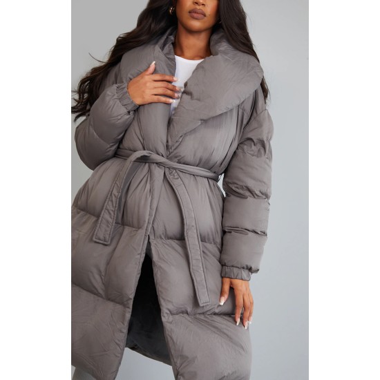 Maternity Grey Oversized Collar Belted Longline Puffer Maternity Grey Oversized Collar Belted Longline Puffer