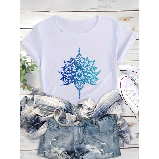 Lotus Print Comfortable And Soft Sports T-shirt, Short Sleeve Causal Running Crew Neck Top, Women’s Activewear – PRYCUS MITCHELL INC Lotus Print Comfortable And Soft Sports T-shirt, Short Sleeve Causal Running Crew Neck Top, Women’s Activewear – PRYCUS MITCHELL INC