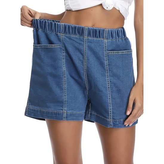 Plain Washed Blue Elastic Waist Denim Shorts, Sporty Style Comfy Versatile Women’s Denim Shorts With Pockets – PRYCUS MITCHELL INC Plain Washed Blue Elastic Waist Denim Shorts, Sporty Style Comfy Versatile Women’s Denim Shorts With Pockets – PRYCUS MITCHELL INC