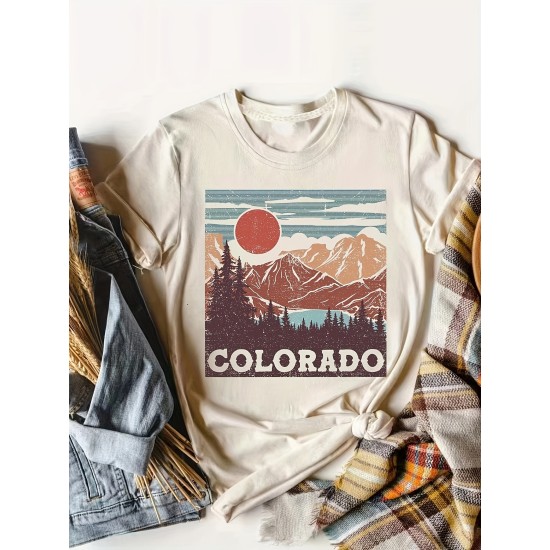 Sun & Forest Alphabet Print T-shirt – Casual Crew Neck, Versatile & Comfy for All Seasons, Durable Women’s Top – PRYCUS MITCHELL INC Sun & Forest Alphabet Print T-shirt – Casual Crew Neck, Versatile & Comfy for All Seasons, Durable Women’s Top – PRYCUS MITCHELL INC