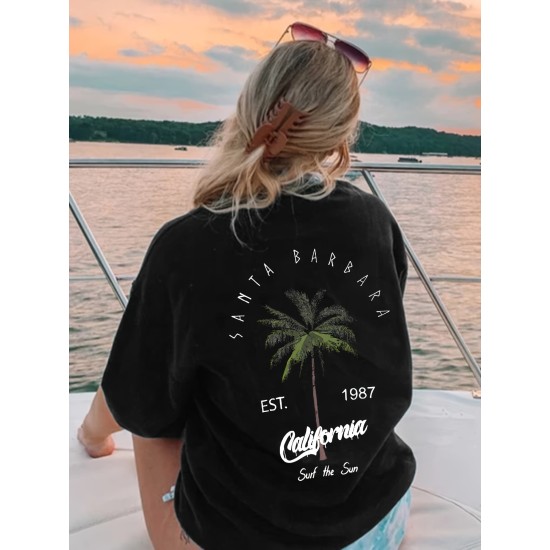 Coconut Tree Print Crew Neck T-shirt, Casual Short Sleeve Summer Daily Top, Women’s Clothing – PRYCUS MITCHELL INC Coconut Tree Print Crew Neck T-shirt, Casual Short Sleeve Summer Daily Top, Women’s Clothing – PRYCUS MITCHELL INC
