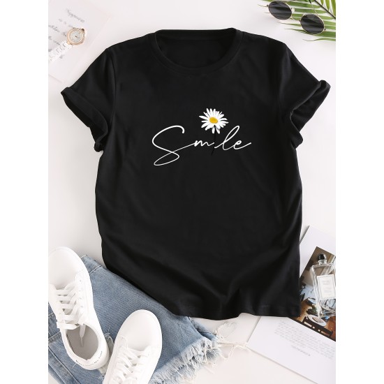 Flower & Letter Print Crew Neck T-Shirt, Casual Short Sleeve T-Shirt For Spring & Summer, Women’s Clothing – PRYCUS MITCHELL INC Flower & Letter Print Crew Neck T-Shirt, Casual Short Sleeve T-Shirt For Spring & Summer, Women’s Clothing – PRYCUS MITCHELL INC