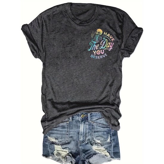Skull Print Crew Neck T-Shirt, Casual Short Sleeve Top For Spring & Summer, Women’s Clothing – PRYCUS MITCHELL INC Skull Print Crew Neck T-Shirt, Casual Short Sleeve Top For Spring & Summer, Women’s Clothing – PRYCUS MITCHELL INC