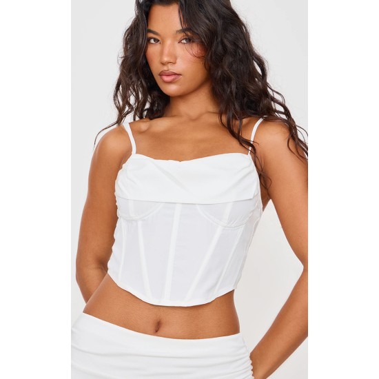 White Woven Cowl Neck Detail Strappy Dip Hem Corset White Woven Cowl Neck Detail Strappy Dip Hem Corset