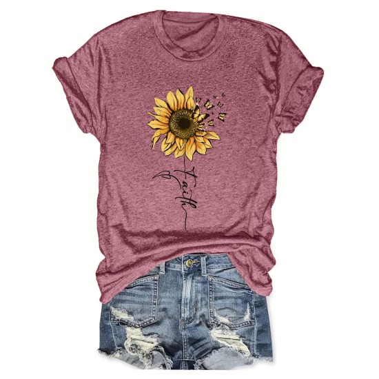 Sunflower & Butterfly Print T-shirt, Casual Short Sleeve Top For Spring & Summer, Women’s Clothing – PRYCUS MITCHELL INC Sunflower & Butterfly Print T-shirt, Casual Short Sleeve Top For Spring & Summer, Women’s Clothing – PRYCUS MITCHELL INC