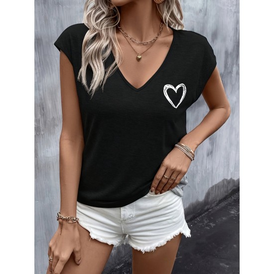 Heart Print V Neck T-shirt, Casual Cap Sleeve Top For Spring & Summer, Women’s Clothing – PRYCUS MITCHELL INC Heart Print V Neck T-shirt, Casual Cap Sleeve Top For Spring & Summer, Women’s Clothing – PRYCUS MITCHELL INC