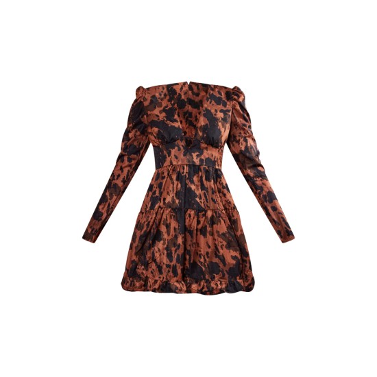 Chocolate Abstract Puff Sleeve Frill Hem Tea Dress Chocolate Abstract Puff Sleeve Frill Hem Tea Dress