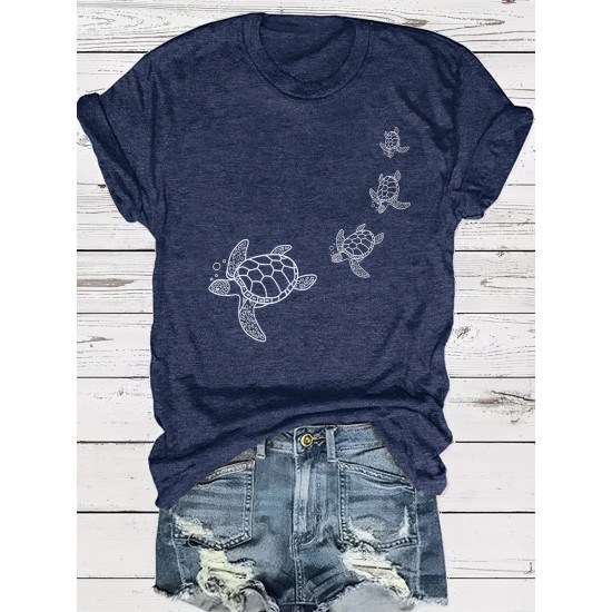 Turtle Print Crew Neck T-Shirt, Casual Short Sleeve T-Shirt For Spring & Summer, Women’s Clothing – PRYCUS MITCHELL INC Turtle Print Crew Neck T-Shirt, Casual Short Sleeve T-Shirt For Spring & Summer, Women’s Clothing – PRYCUS MITCHELL INC