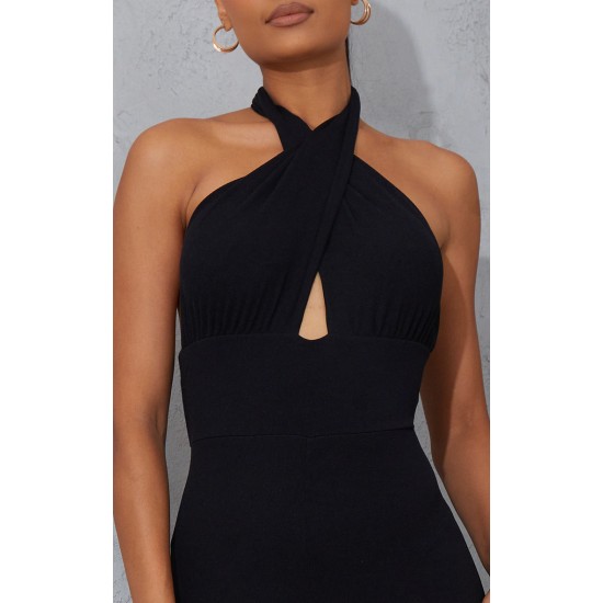 Black Cross Neck Tie Back Rib Jumpsuit Black Cross Neck Tie Back Rib Jumpsuit