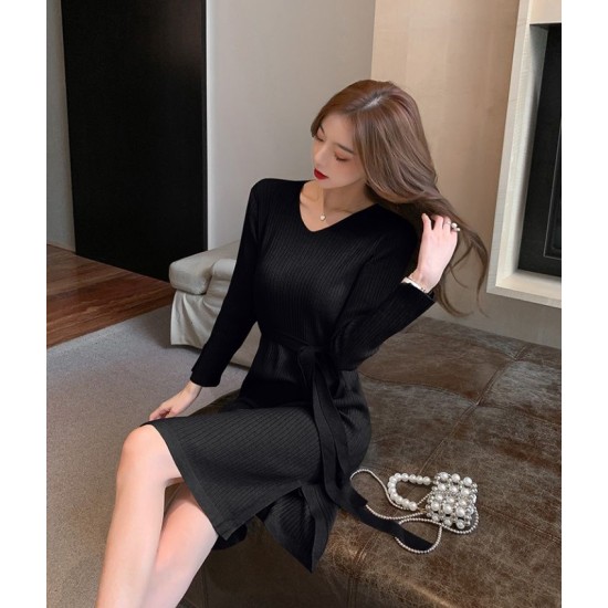 Bottoming V-neck Korean style long slim knitted dress – PRYCUS MITCHELL INC Bottoming V-neck Korean style long slim knitted dress – PRYCUS MITCHELL INC