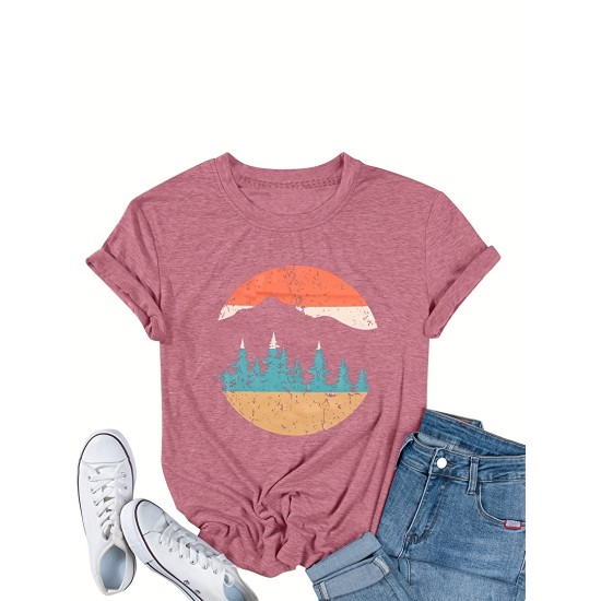 Casual Forest & Sun Print T-shirt – All-Season, Comfy Crew Neck, Versatile Geo-Pattern, Easy-Care Fabric – PRYCUS MITCHELL INC Casual Forest & Sun Print T-shirt – All-Season, Comfy Crew Neck, Versatile Geo-Pattern, Easy-Care Fabric – PRYCUS MITCHELL INC