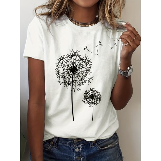 Effortless Chic Dandelion Print T-Shirt: Micro-Elastic & Semi-Sheer for Summer Comfort – Durable & Easy-Care Casual Crew Neck Top – PRYCUS MITCHELL INC Effortless Chic Dandelion Print T-Shirt: Micro-Elastic & Semi-Sheer for Summer Comfort – Durable & Easy-Care Casual Crew Neck Top – PRYCUS MITCHELL INC
