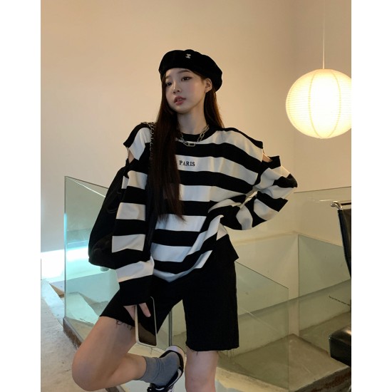 Round neck loose holes coat stripe lazy hoodie for women – PRYCUS MITCHELL INC Round neck loose holes coat stripe lazy hoodie for women – PRYCUS MITCHELL INC