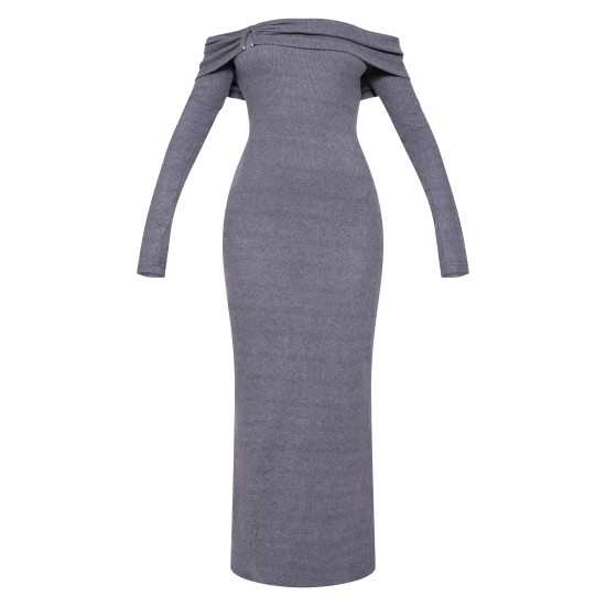 Charcoal Heavy Brushed Rib Bardot Trim Maxi Dress Charcoal Heavy Brushed Rib Bardot Trim Maxi Dress